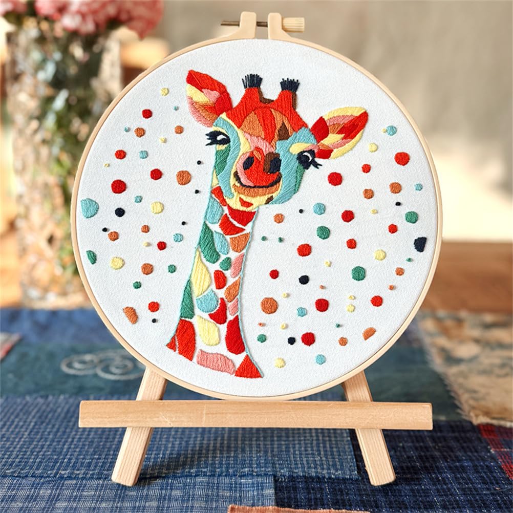 Meecaa Giraffe Color Animal Embroidery Kit Starter Set, Hand Embroidery Set,Pattern Printed Cross Stitch Set for Beginner Adults, with Embroidery Hoop and Instructions (Giraffe 1)