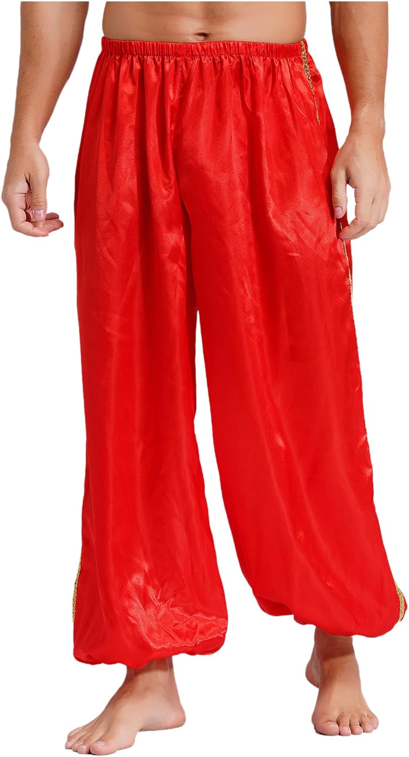 TiaoBug Men's Halloween Arabian Prince Cosplay Costume Satin Pants Elastic Waist Gold Trim Bloomer Loose Bottoms