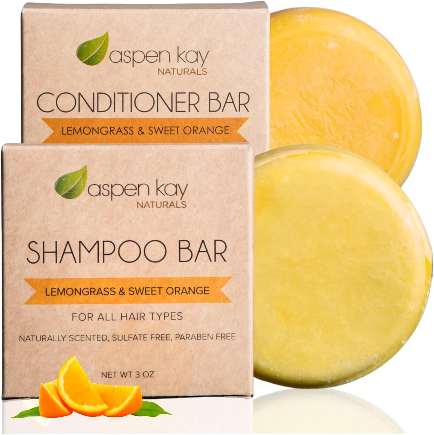 Shampoo and Conditioner set, Solid bars, Organic Ingredients, All Hair Types, Sulfate-Free, Cruelty-Free & Vegan. One 3 ounce and one 2.3 ounce bars (Lemongrass & Sweet Orange)
