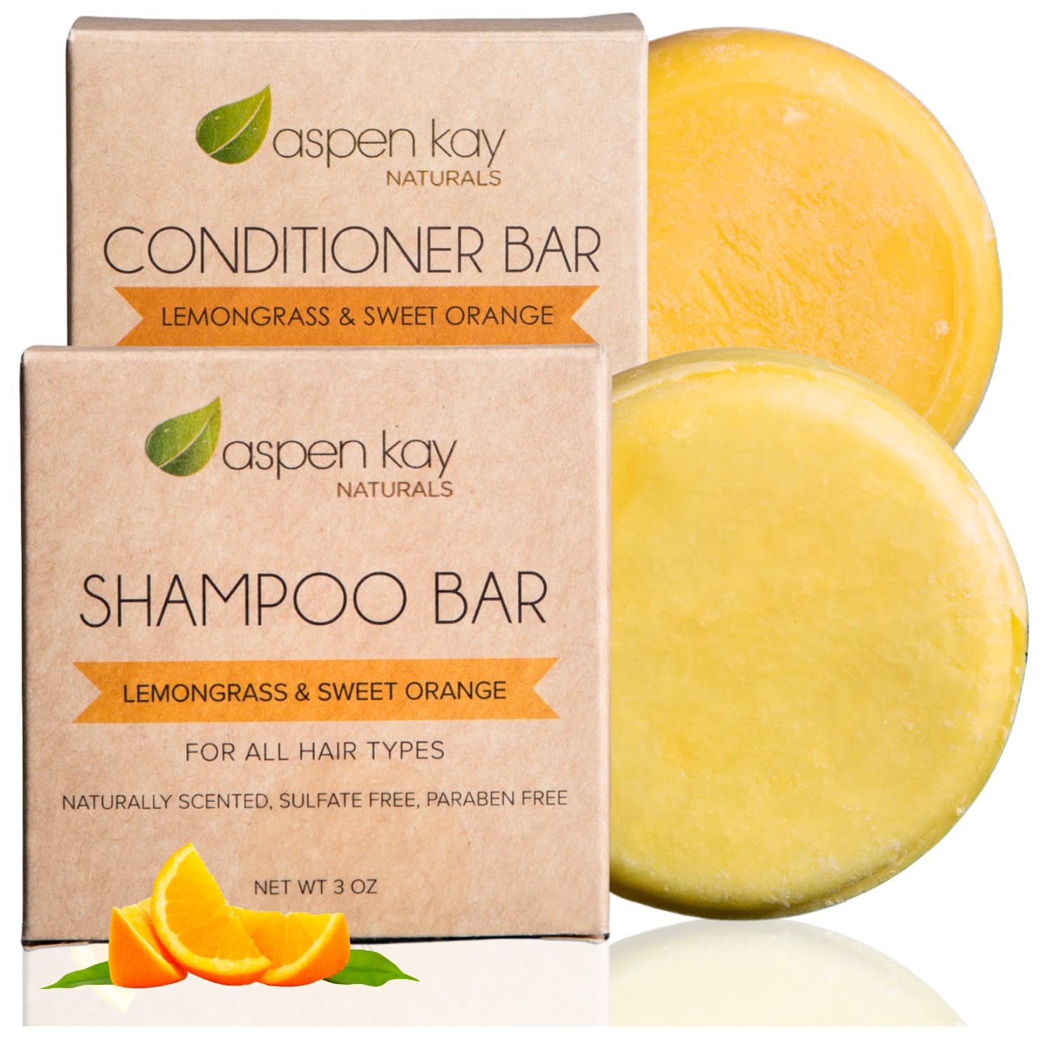 Shampoo and Conditioner set, Solid bars, Organic Ingredients, All Hair Types, Sulfate-Free, Cruelty-Free & Vegan. One 3 ounce and one 2.3 ounce bars (Lemongrass & Sweet Orange)