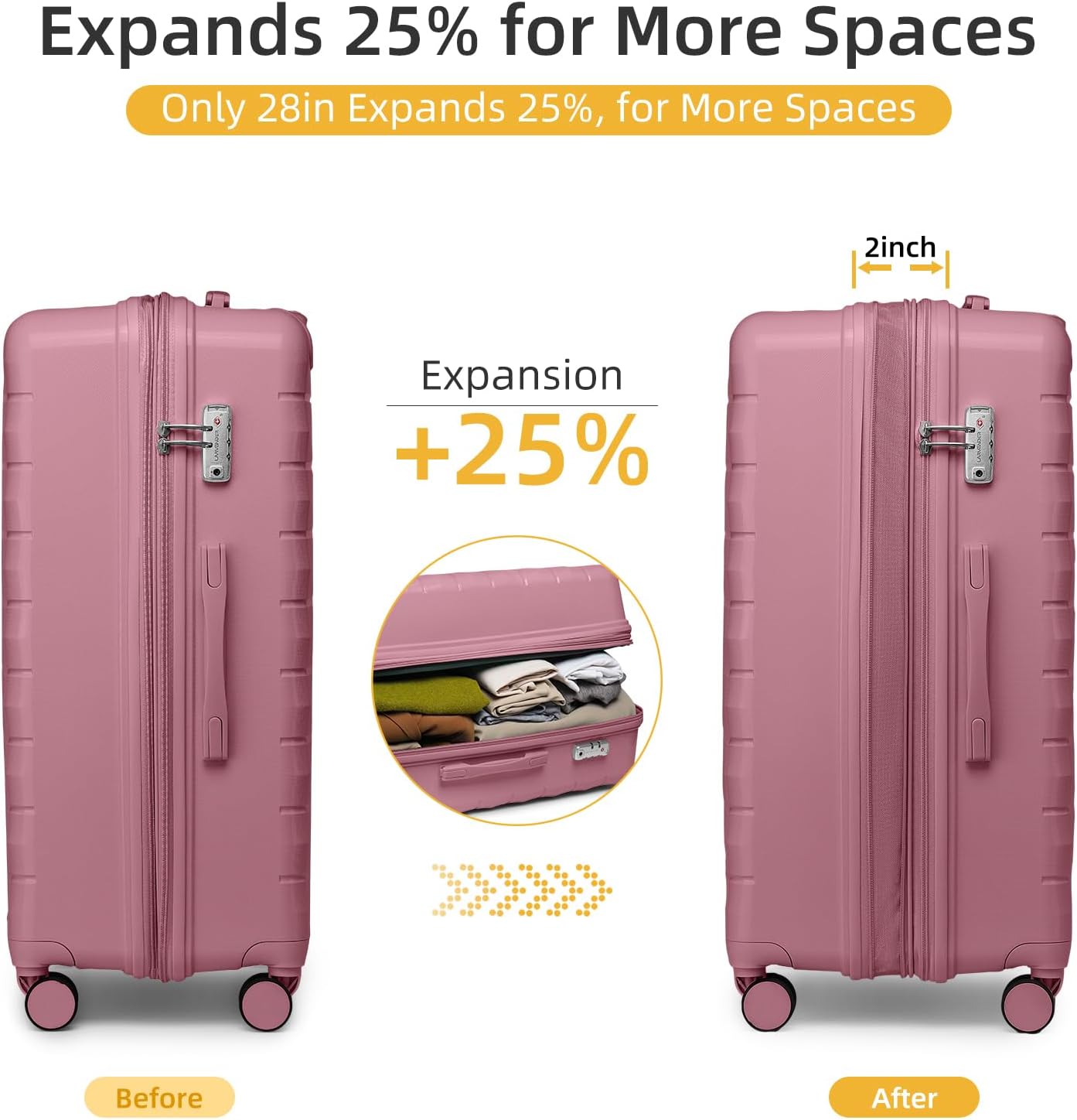 LARVENDER Luggage Sets 5 Piece with Duffel Bag Expandable(Only 28 inch) Hardside PP Carry On Luggage with 360° Spinner Wheels TSA Lock Luggage Sets for Women, Pink - Image 3