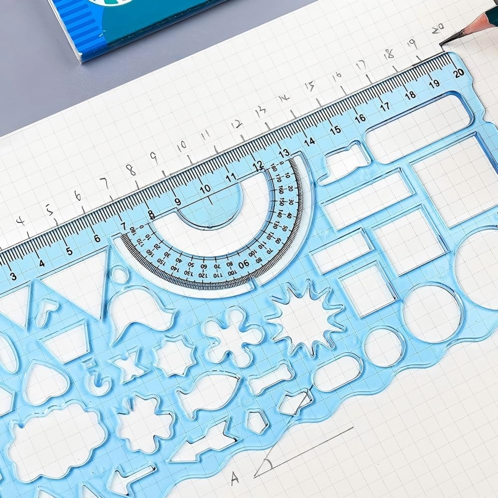 Conjunto de réguas variadas de 3 peças, modelos de desenhos geométricos, estênceis de desenho, modelo de círculo para desenho, ferramentas de desenho para arquitetura, estudo, escritório, design (azul