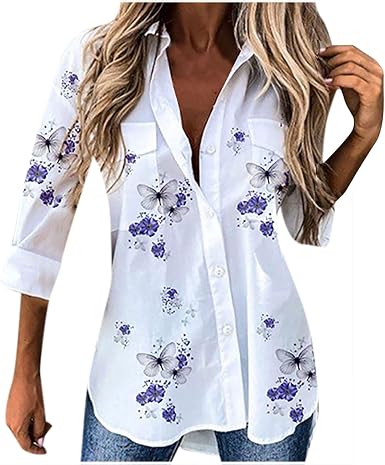 Amazon.com: Camisa de otoño blanca con botones para mujer, blusa suelta  casual, con estampado floral, cómoda y suave, con bolsillo : Ropa, Zapatos  y Joyería