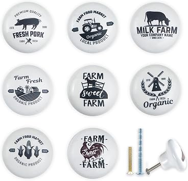 JamJam 1.5" Set of 8 Farmhouse Rooster Pig Cow Animals Farm Ceramic Cabinet Knobs Round Kitchen Door Drawer Dresser Furniture Knobs and Pulls