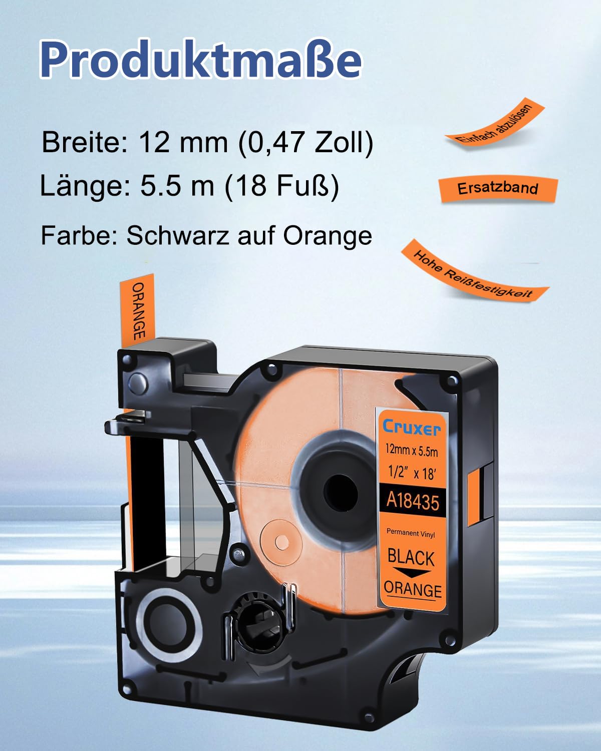 Cruxer 30-Pack Ersatz für Dymo Rhino IND 18435 Schwarz auf Orange 12 mm | 5,5 m IND Vinyl Etiketten, Kompatibel mit Dymo Rhino 1000 3000 5000 5200 4200 6000 6500 ILP219 3M PL150 Etikettendrucker