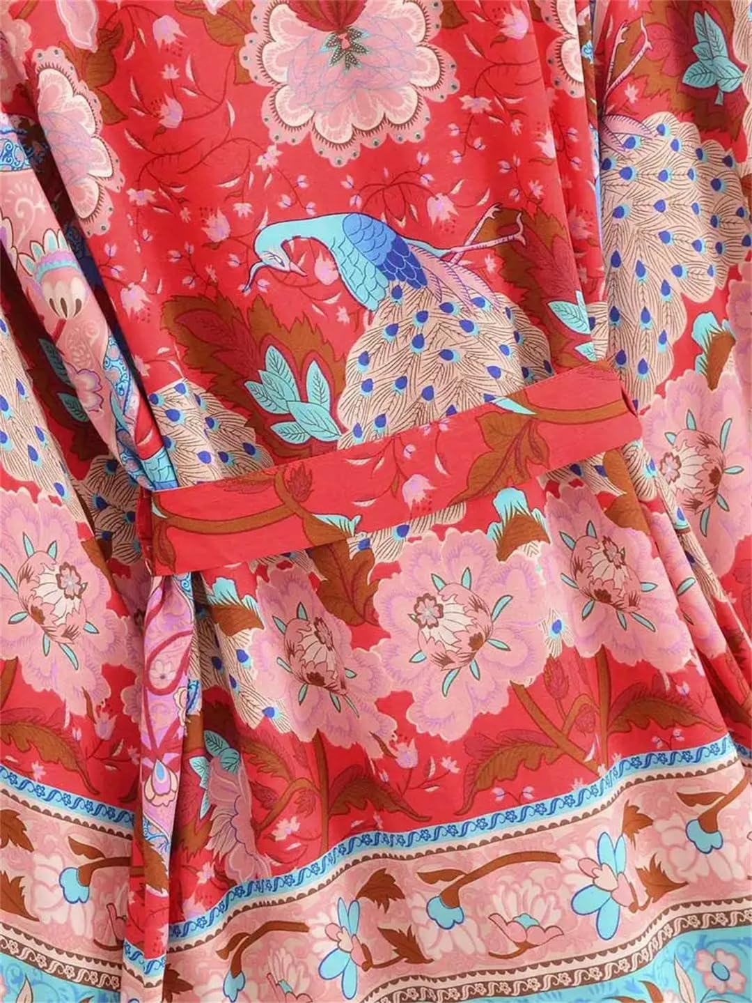 Copricostume da donna con stampa floreale rossa con cintura kimono abito tunica da spiaggia lungo kimono copertura da spiaggia