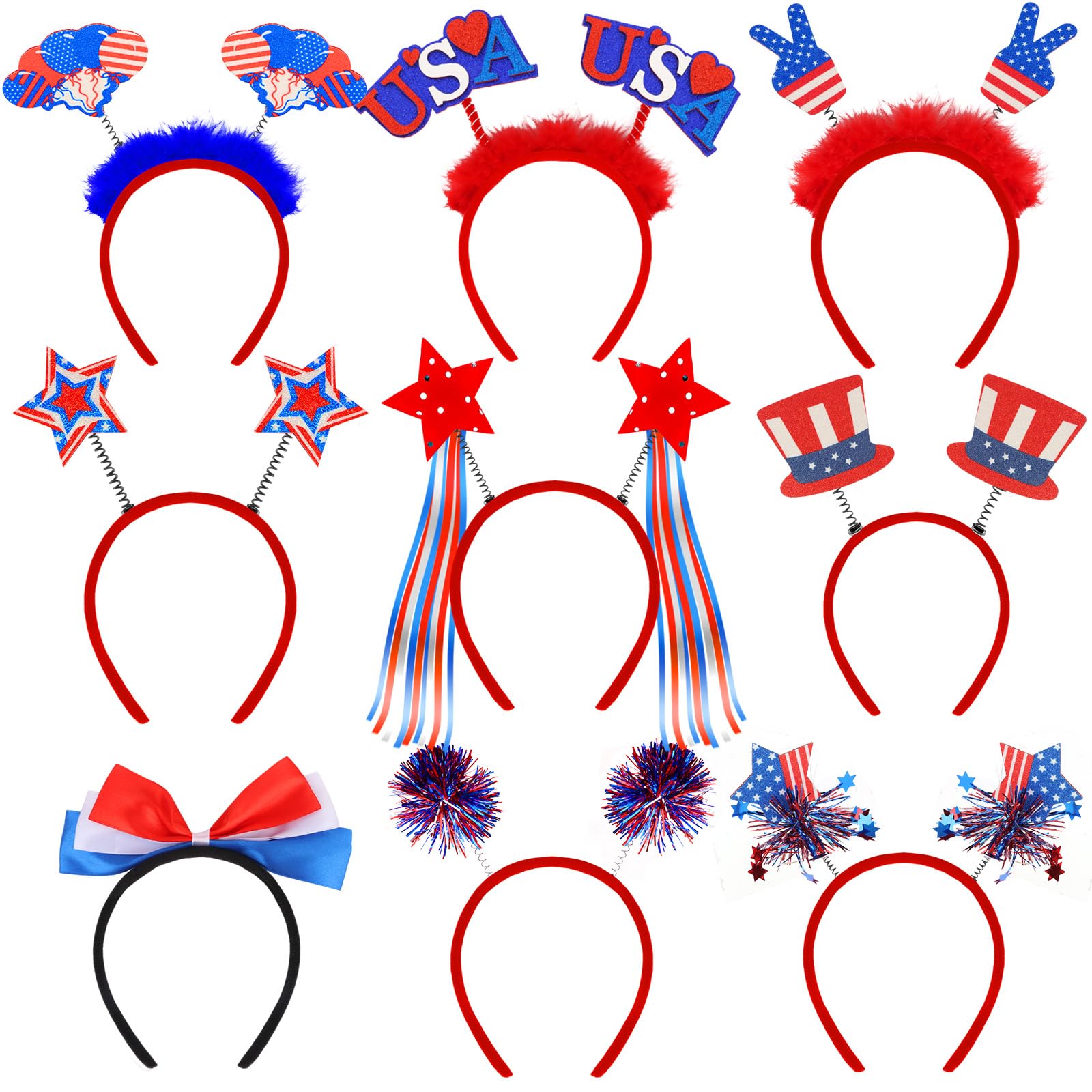 4th of July Headband for Women 9PCS Patriotic Headbands, USA American Flag Headbands, Head Boppers Memorial Day Fourth of July Headband for