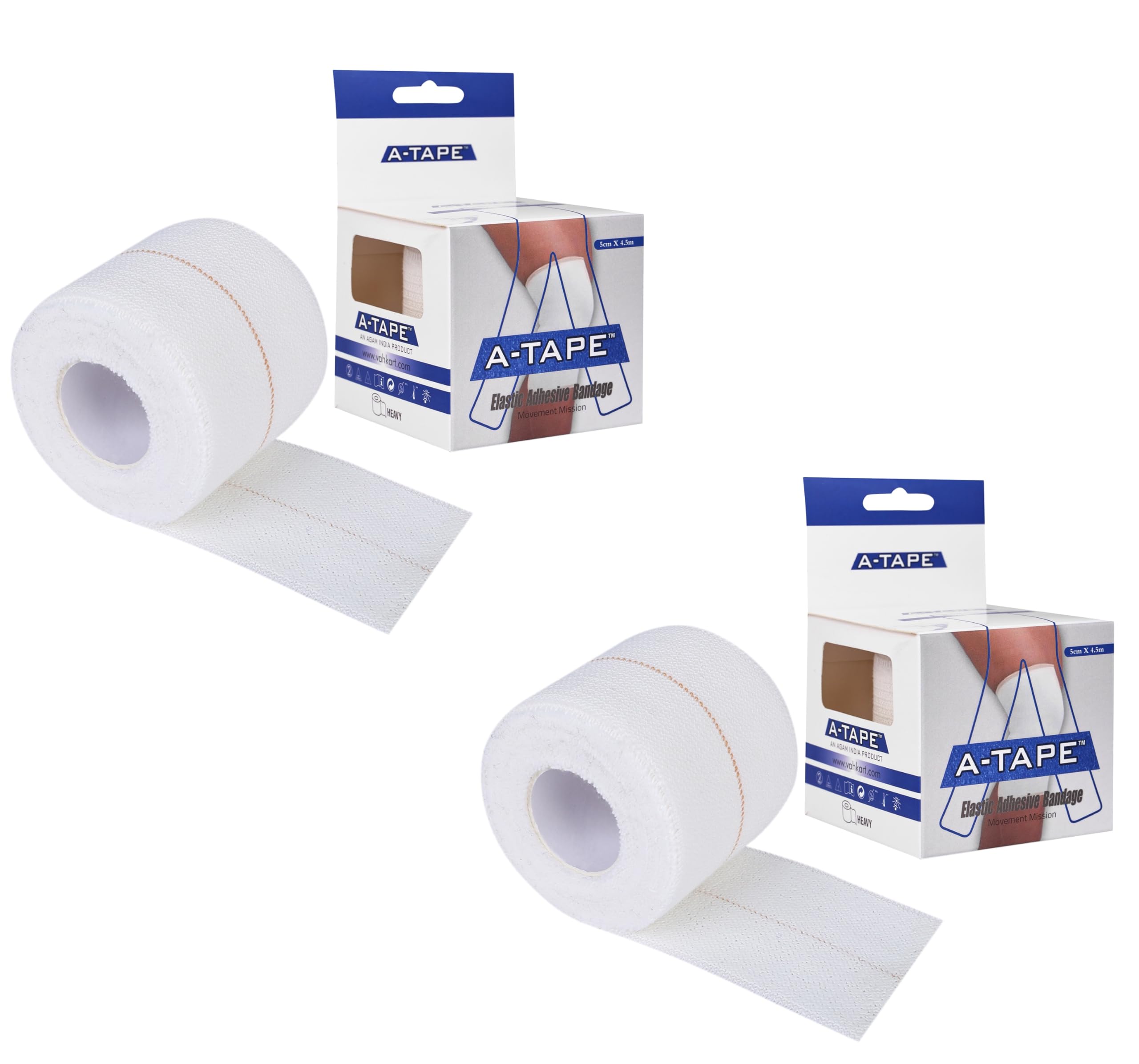 A-TAPE Cotton High Elastic Adhesive Bandage for Superior Comfort and Compression, Support for Sports Injury Recovery (Pack of 2) (5cm X 4.5m)
