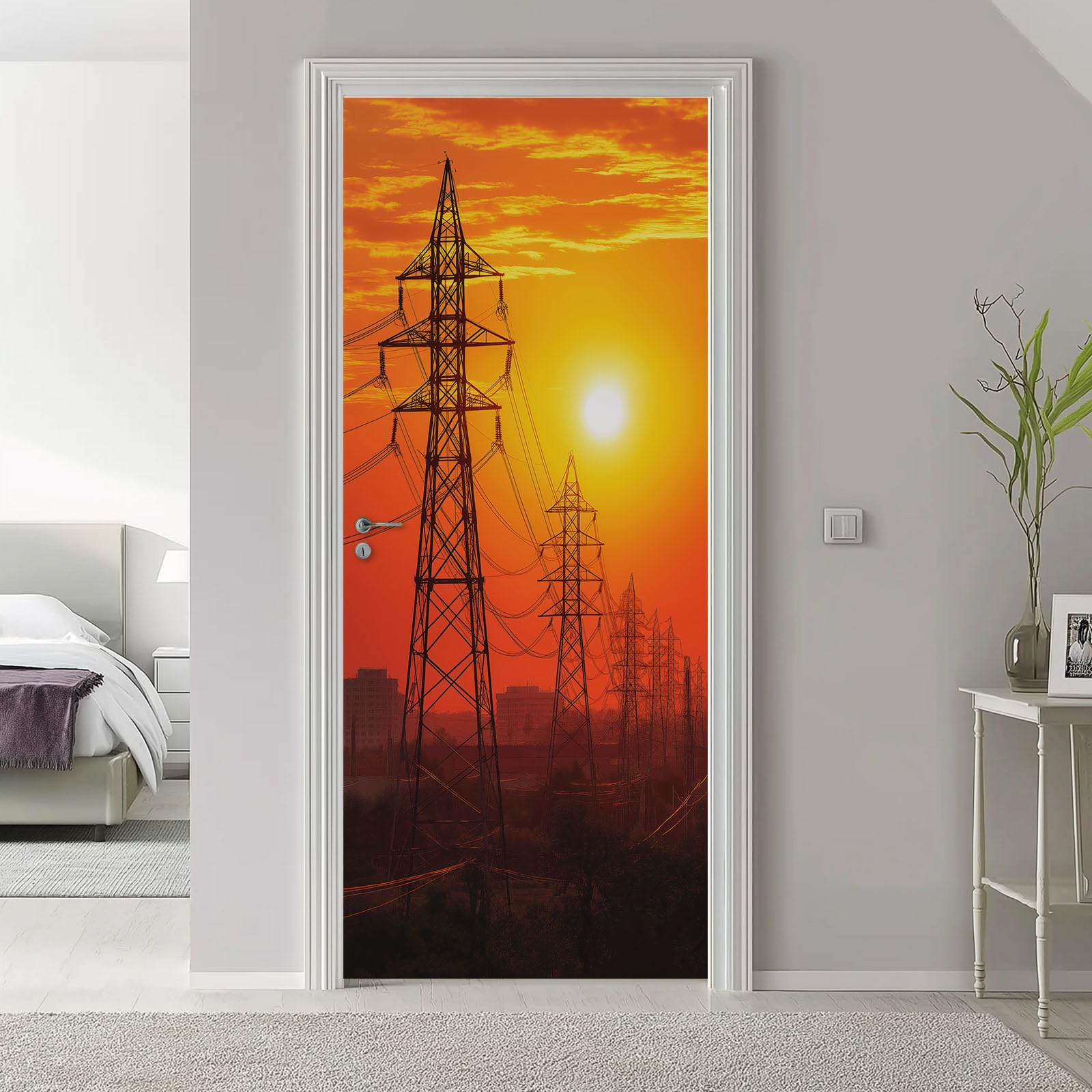 Adesivo per porta in stile moderno, motivo torre con tramonto naturale, in PVC, impermeabile, rimovibile, con buccia d'arancia, per camera da letto, soggiorno, decorazione per la casa, 95 x 210 cm