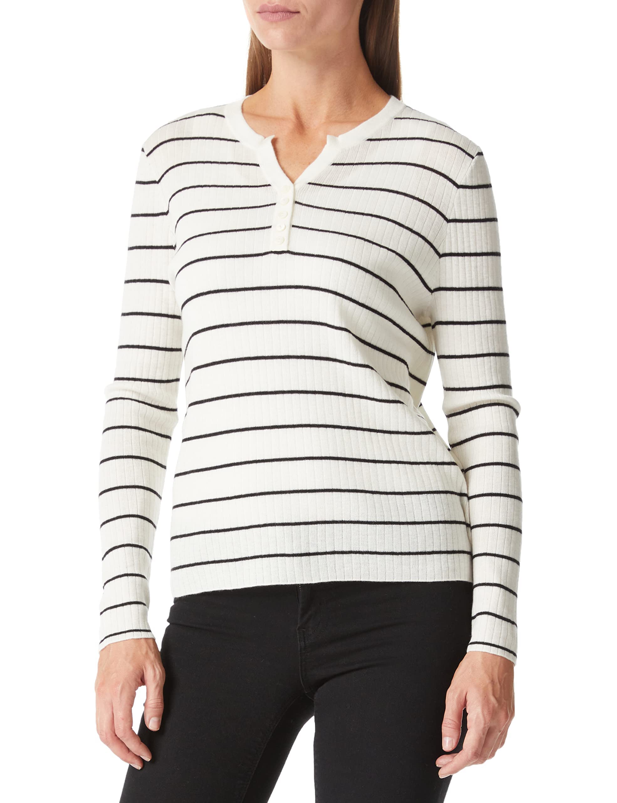 Women's Knitted Soft Pullover Regular-Fit Long Sleeves Ribbed V-Neck Jumper Striped Wool Blend Sweater