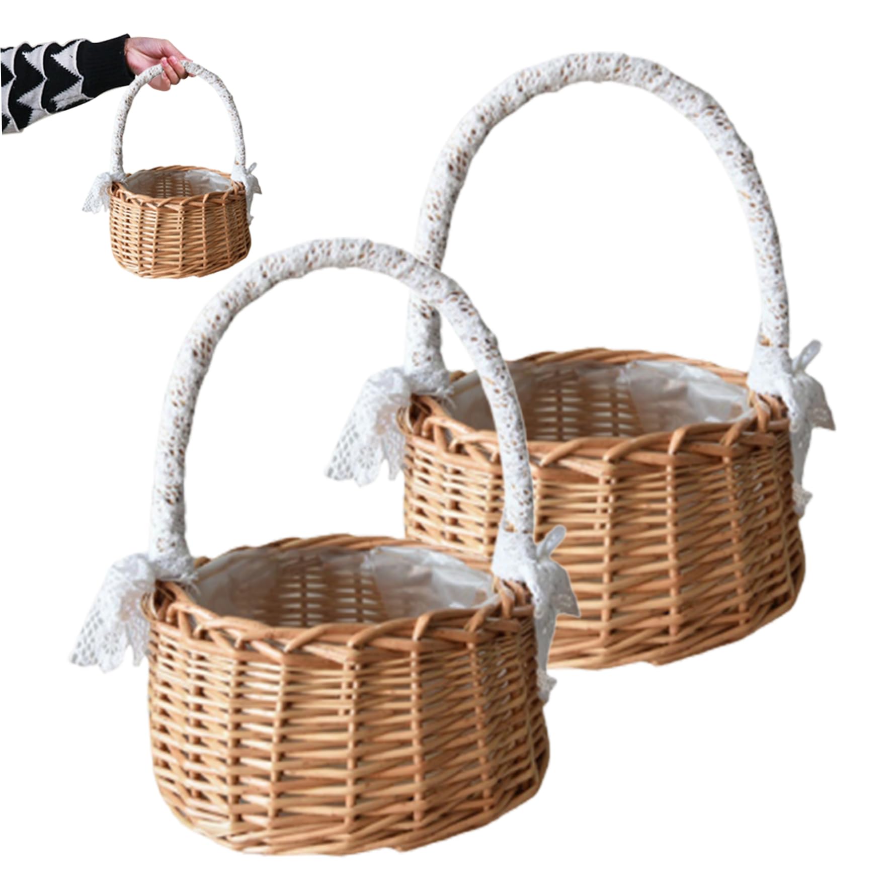 Panier de fille de fleur en osier rustique avec poignée et doublure plastique (lot de 2)