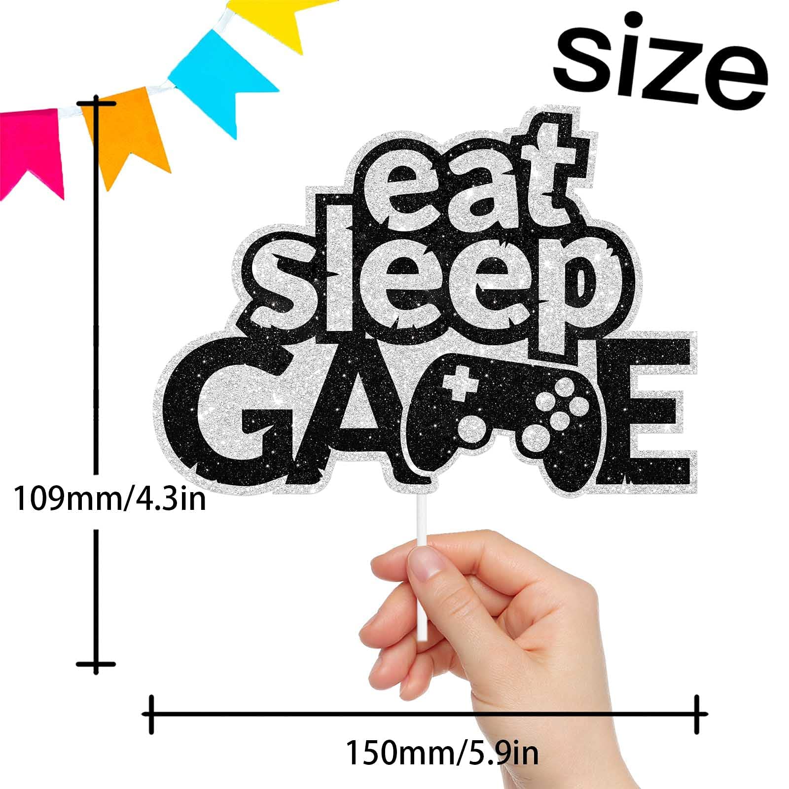 Festiko®Eat Sleep Video Game Controllers Cake Topper White Black Young Lazy People Theme Decorations Boys Girls Happy Birthday Party Decor Supplies 1