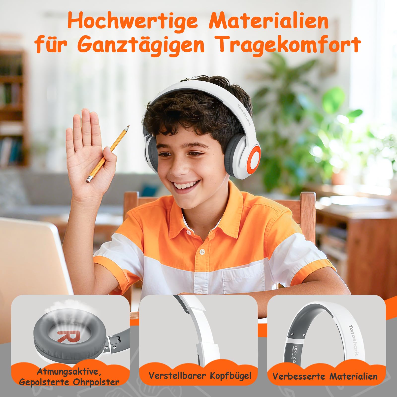 TONOSHARK Kopfhörer Kinder Bluetooth | Noise Cancelling Kopfhoerer Kinder | 60h Spielzeit, Leicht über Ohr Kinderkopfhörer Bluetooth Mit Mikrofon (Weiß) - Für Schule/Reisen | Inkl. Tragetasche (Weiß)