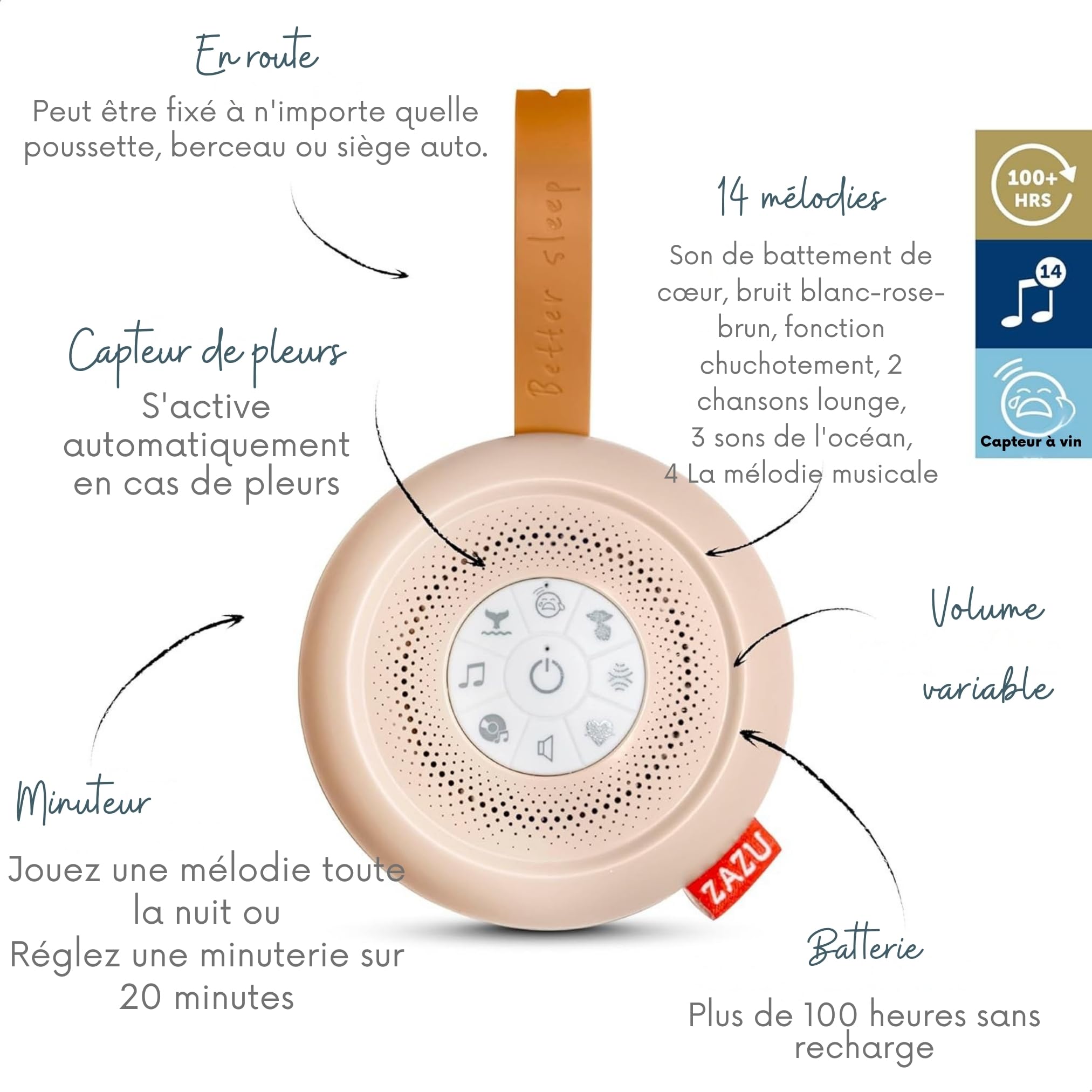 ZAZU Suzy Deluxe – Machine à Bruit Blanc Bébé Rechargeable | 14 Sons Apaisants | Capteur de Pleurs | Minuteur 20 Min | USB-C | Portable | Autonomie 100h