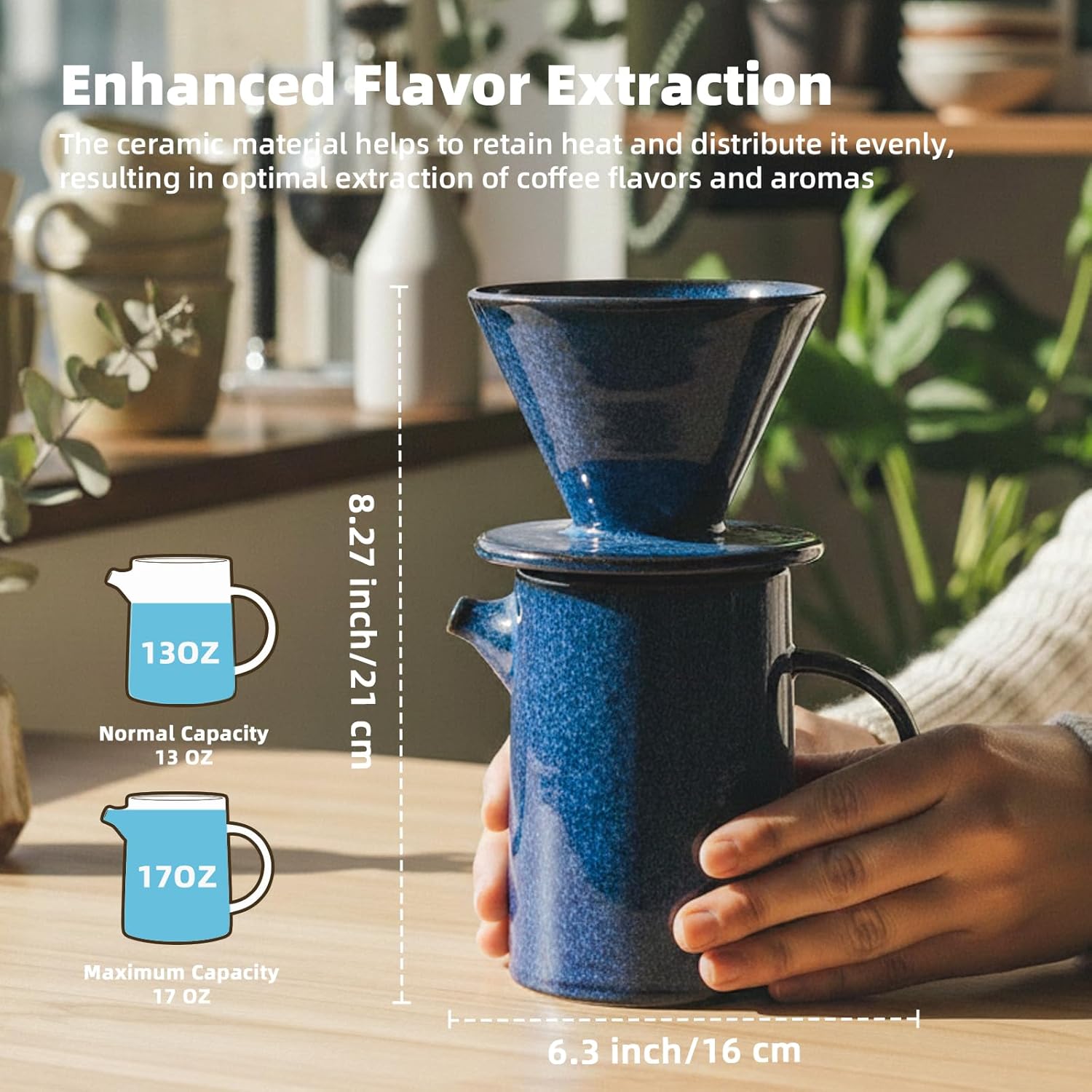 Pour Over Coffee Maker Set, Blue Vintage Coffee Maker with 20 Count Paper Coffee Filters, High Heat Ceramic Pour Over Coffee Dripper Set for Home, Restaurant, Camping Hiking, 16.5 Ounces