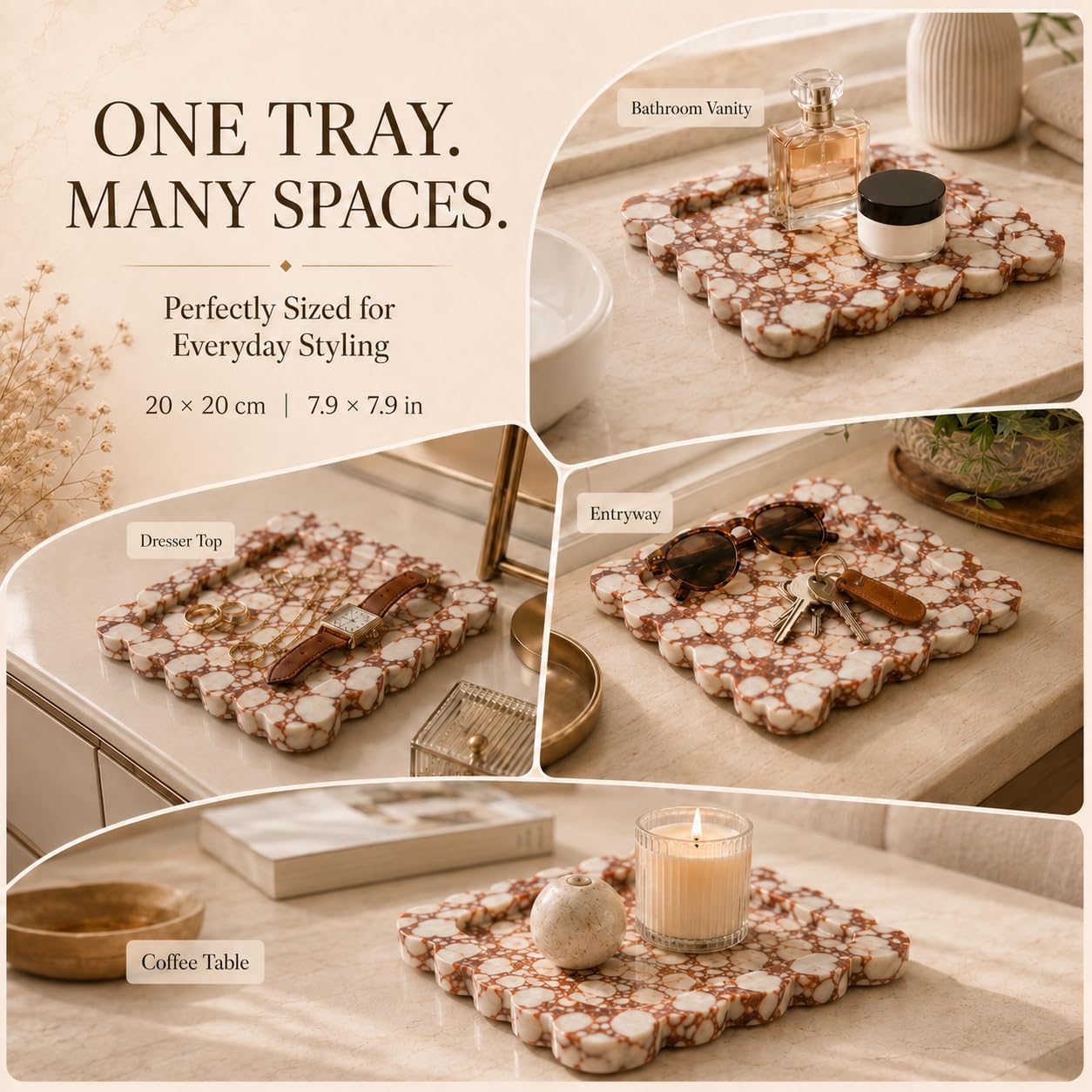 Natural Marble Square Decorative Tray - 20x20cm (7.87") Scalloped Edge Vanity Tray for Jewelry, Perfume, Candle, Bathroom Countertop & Home Decor (Calacatta Red)