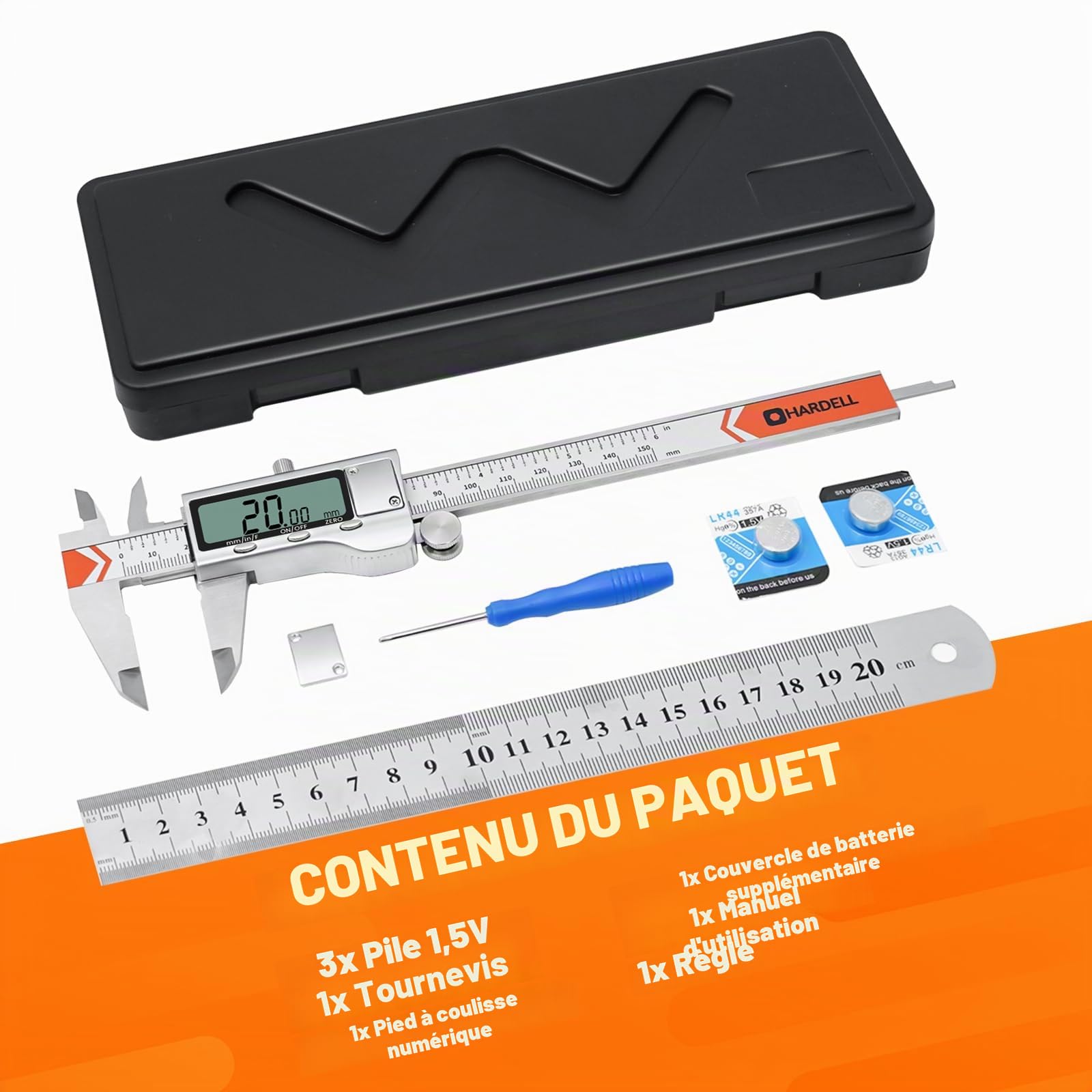 HARDELL Pied à Coulisse Numérique 150mm, Calibre Digital en Acier Inoxydable avec Grand Écran LCD, Conversion Métrique Pouce Fraction, Pour Bricolage et Usage Domestique