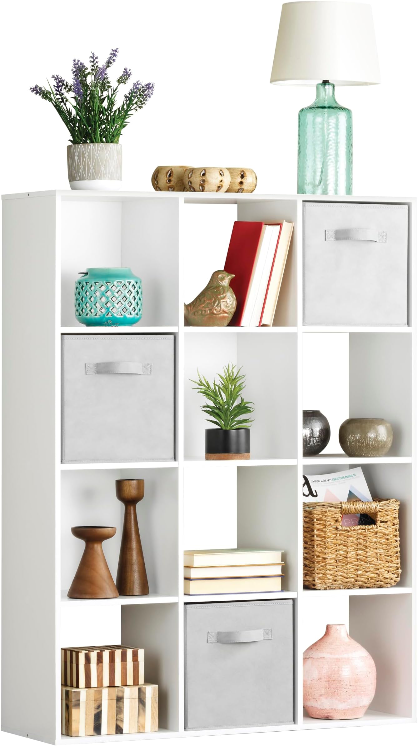 12 Cube Storage Organizer, 4 Tier Stackable Mdf Wood Bookcase, Open Storage Display Bookshelf, Storage Cabinet for Living Room, Bedroom, Home, Office, 35.1"L x 11.6"W x 47.5"H, White