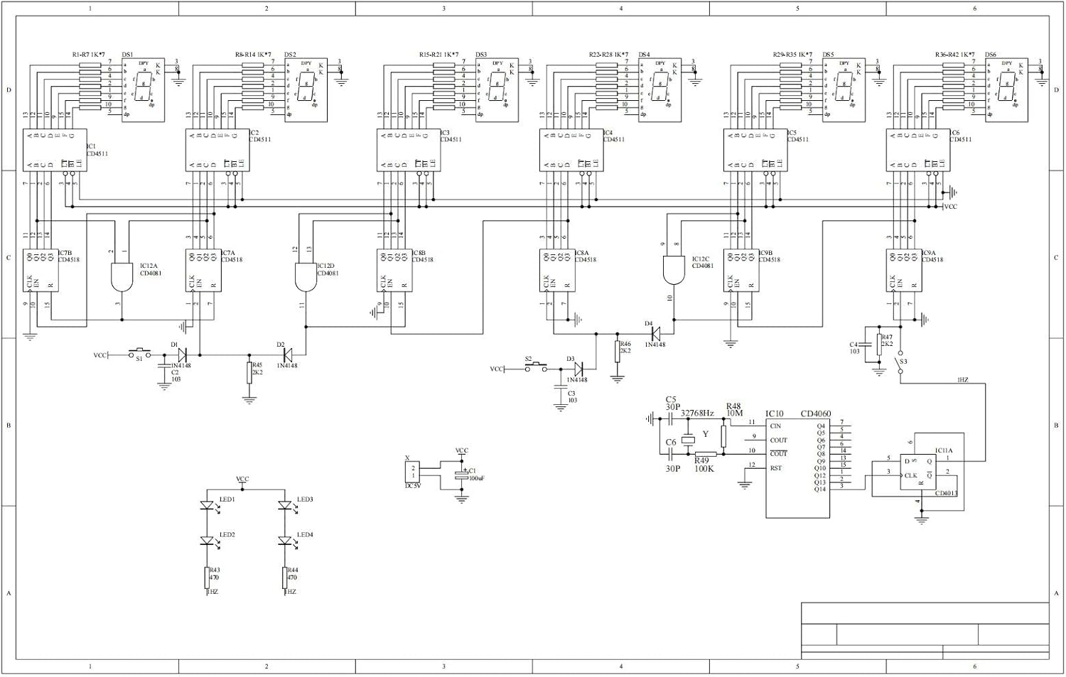 Circuit schematic diagram for the 6-bit Digital Circuit Clock Kit