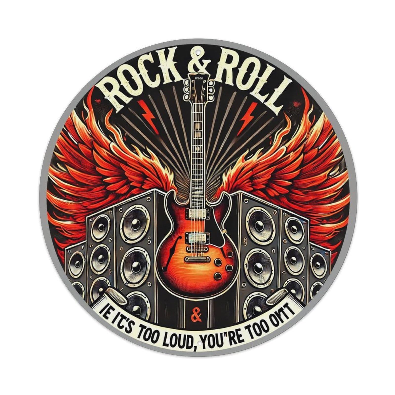 Rock Guitar Wings Speakers Flame Vintage Round Tin Sign Retro Metal Wall Decor Metal Poster, Home Bar Garage Cafe Wall Art Decoration 8x8Inches