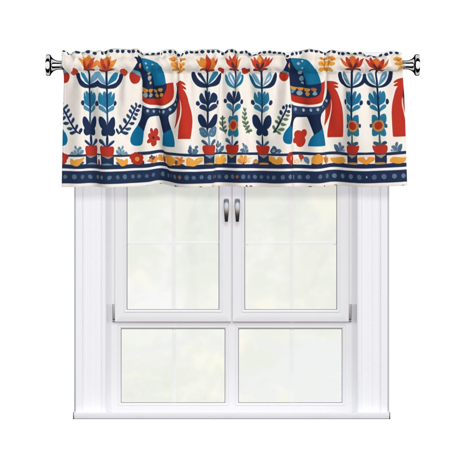 HJFCZH WHJSSF Swedish Dala Horse Folk Prints 54x18in Curtain Valance - Peach Skin Polyester Kitchen Cover with Light Filtering Floral & 3" Rod Pocket