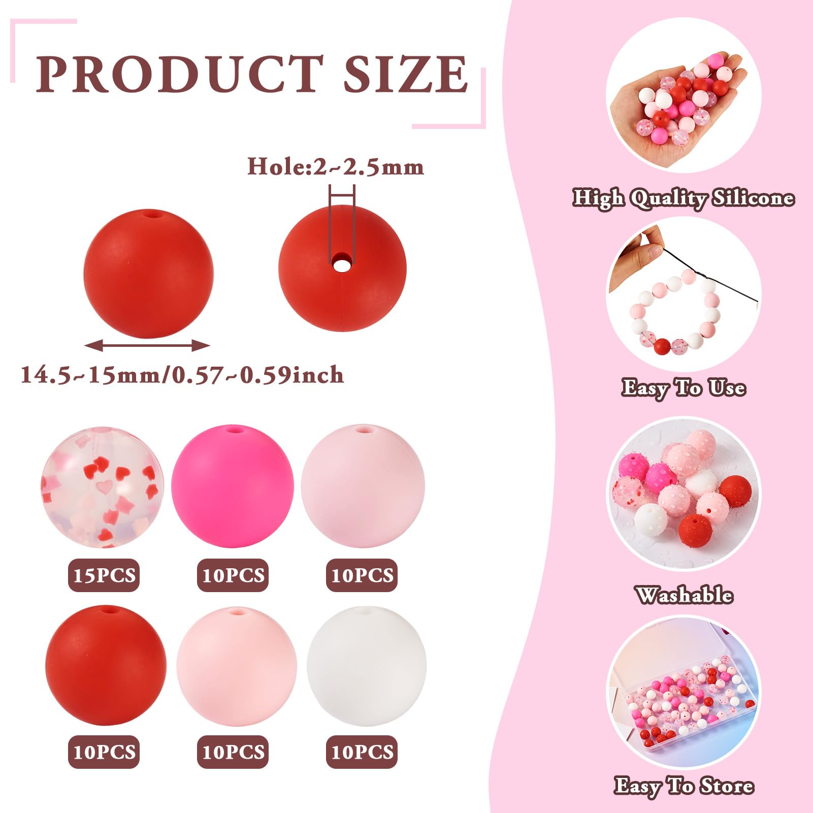 Crafans 65Pcs Silicone Loose Beads 15MM Round Red & Pink Beads Silicone Bead Soft Rubber Spacer Beads Chunky Beads for DIY Keychains Beadable Pens Decorations Bracelet Jewelry Making - Image 4