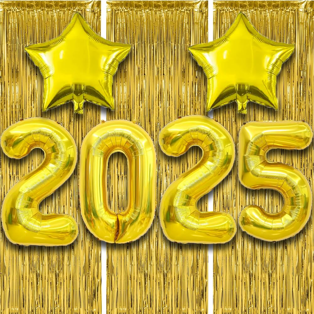 2025 Gold Number Balloons, Large 40 Inch New Years Eve Party Supplies with 2pcs Star Foil Metallic Balloon&3 Pack Fringe Backdrop Curtain Senior Night