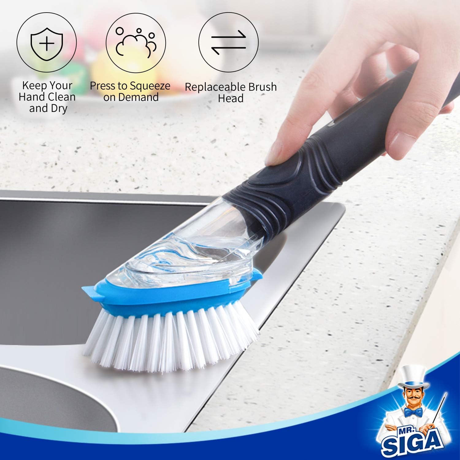 MR.SIGA Soap Dispensing Dish Brush, Kitchen Brush for Pot Pan Sink Cleaning, Pack of 2, Navy/Blue