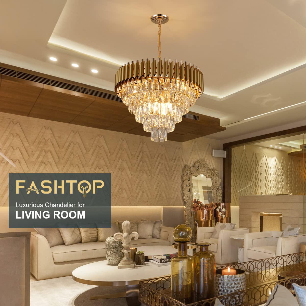 Fashtop Crystal Chandelier Gold Contemporary Chandelier Large 24'' 5-Tiers K9 Round Modern Hanging Light Fixture for Bedroom Dining Room Entryway Staircase(11 Lights)