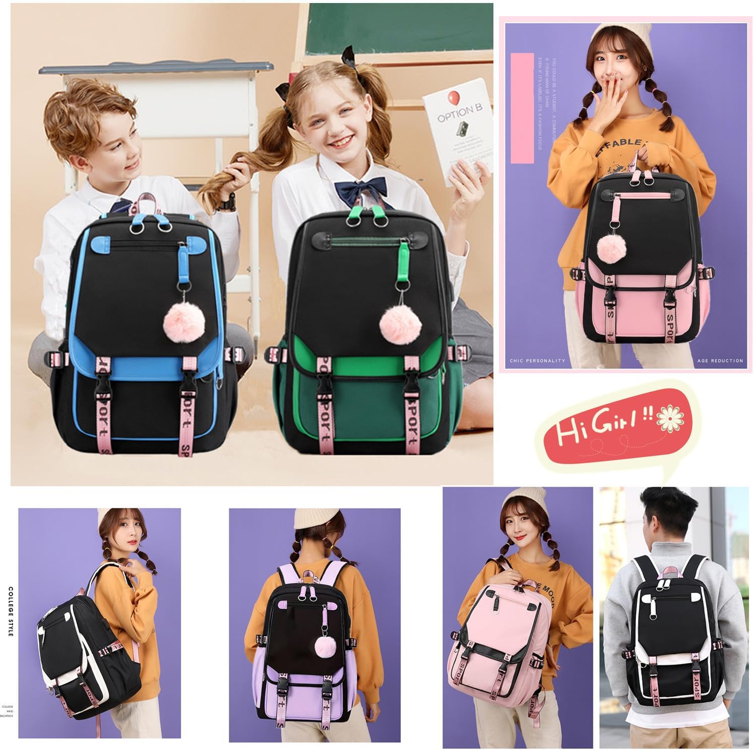 Girls Backpack Color-blocking Schoolbags for Girls Lightweight Bookbag Middle-School Elementary Backpack 20L - Image 6