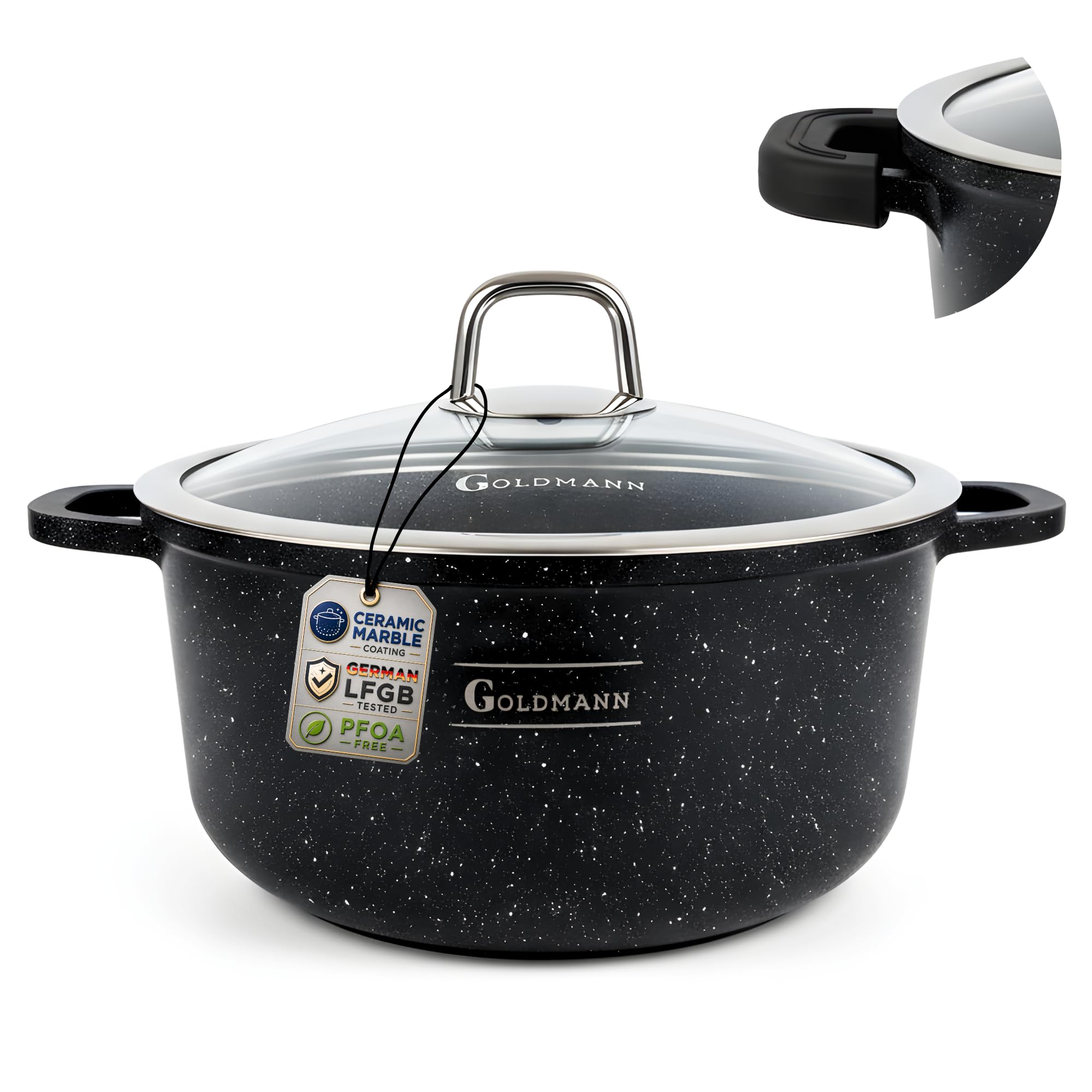 Olla cocina aluminio fundido GOLDMANN, 28 cm - 6.5 L, con revestimiento antiadherente de mármol cerámico, tapa de vidrio, apta para inducción y todo tipo de cocinas, apta para horno y libre de PFOA.