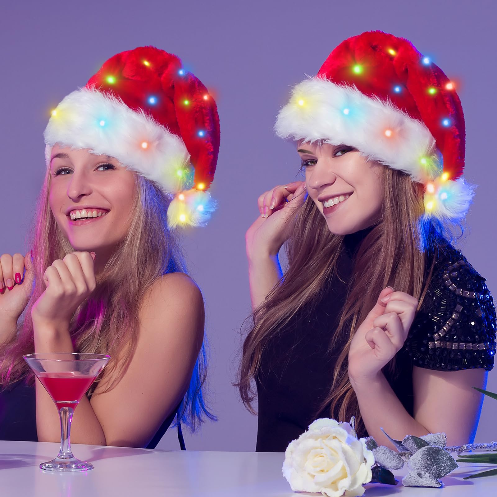 Sombrero de Papá Noel de felpa, iluminado, divertidos sombreros de Navidad para niños y adultos, juego de sombreros de Papá Noel para adultos, sombrero de Papá Noel rojo esponjoso (niños, 1