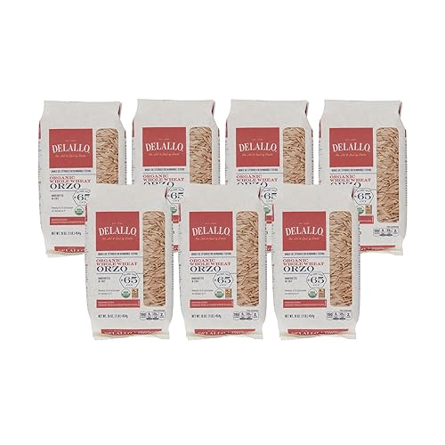 DeLallo Pasta Orzo de trigo integral, bolsa de 1 libra, orgánica, hecha con solo 100% harina de trigo duro, fabricada en Italia, corte de bronce,