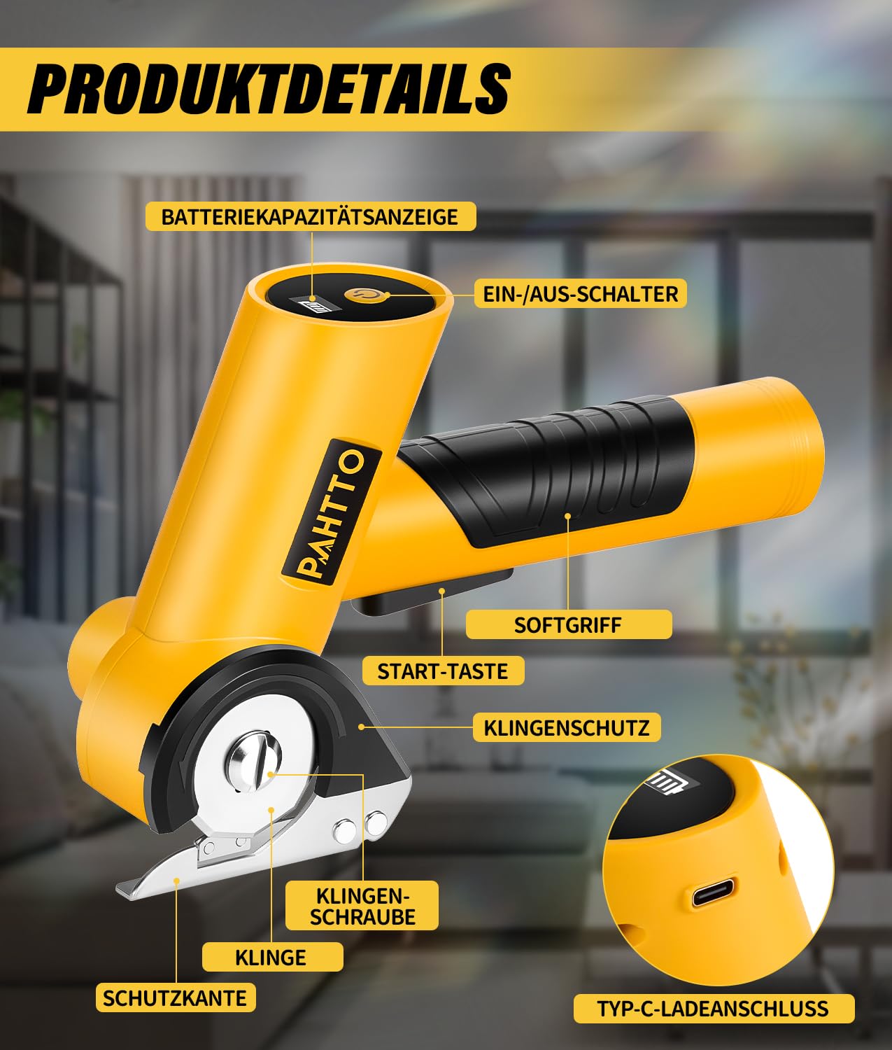 PAHTTO Elektrische Schere 4V - Kabelloser Kartonschneider Für Stoff & Leder