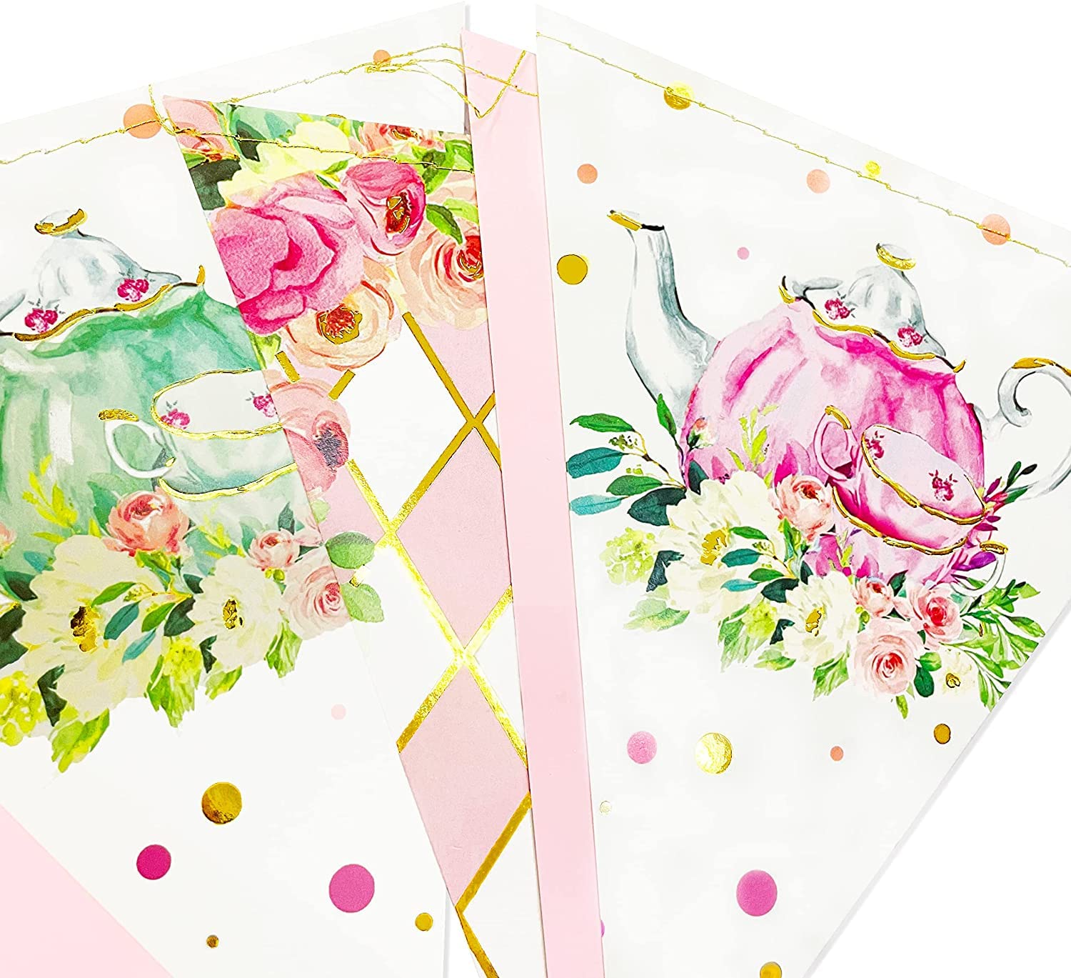 Bandierine Decorative Per Festa Di Primavera E Tea Party, Rosa Oro, Motivi Teiera E Farfalle, 10,8 Metri Con 60 Bandiere - 4
