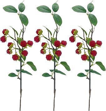 3PCS Artificial Fruit Bouquet with Leaves, 15in Faux Raspberry Red Strawberry, Wild Black Berry Stems for DIY Home Kitchen Wedding Party Decoration Photography Props Strawberry Red