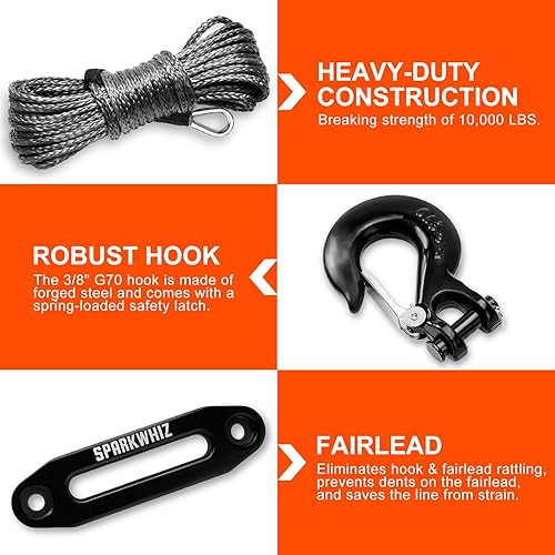 Miniatura 4 de Kit de cuerda de cabrestante sintética, cable de cuerda de cabrestante de 14 pulgadas x 50 pies, 10000 libras con funda protectora+cabrestante