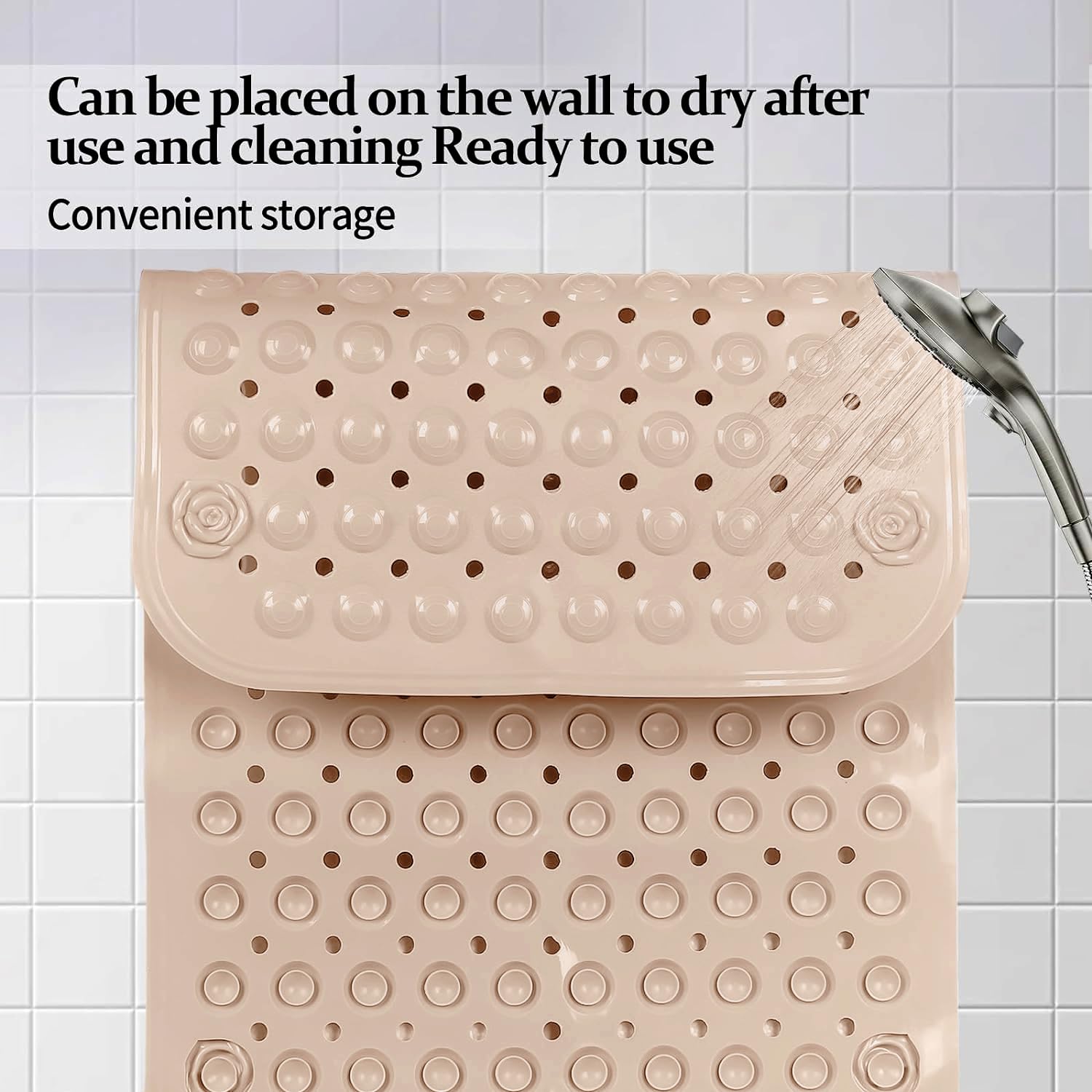 Tapis de Douche Antidérapant 50x80cm,Tapis Antidérapant Douche avec Ventouses et Trous de Drainage,Matériau PVC,Toucher Doux,Beige