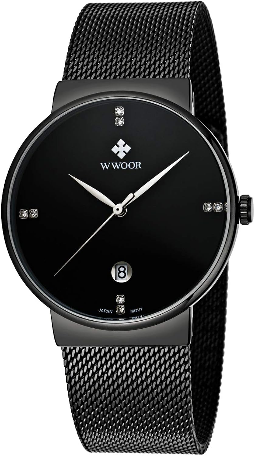 Tamlee Men Black Plated Slim Case Stainless Steel Waterproof Watch with Mesh Band (Black)