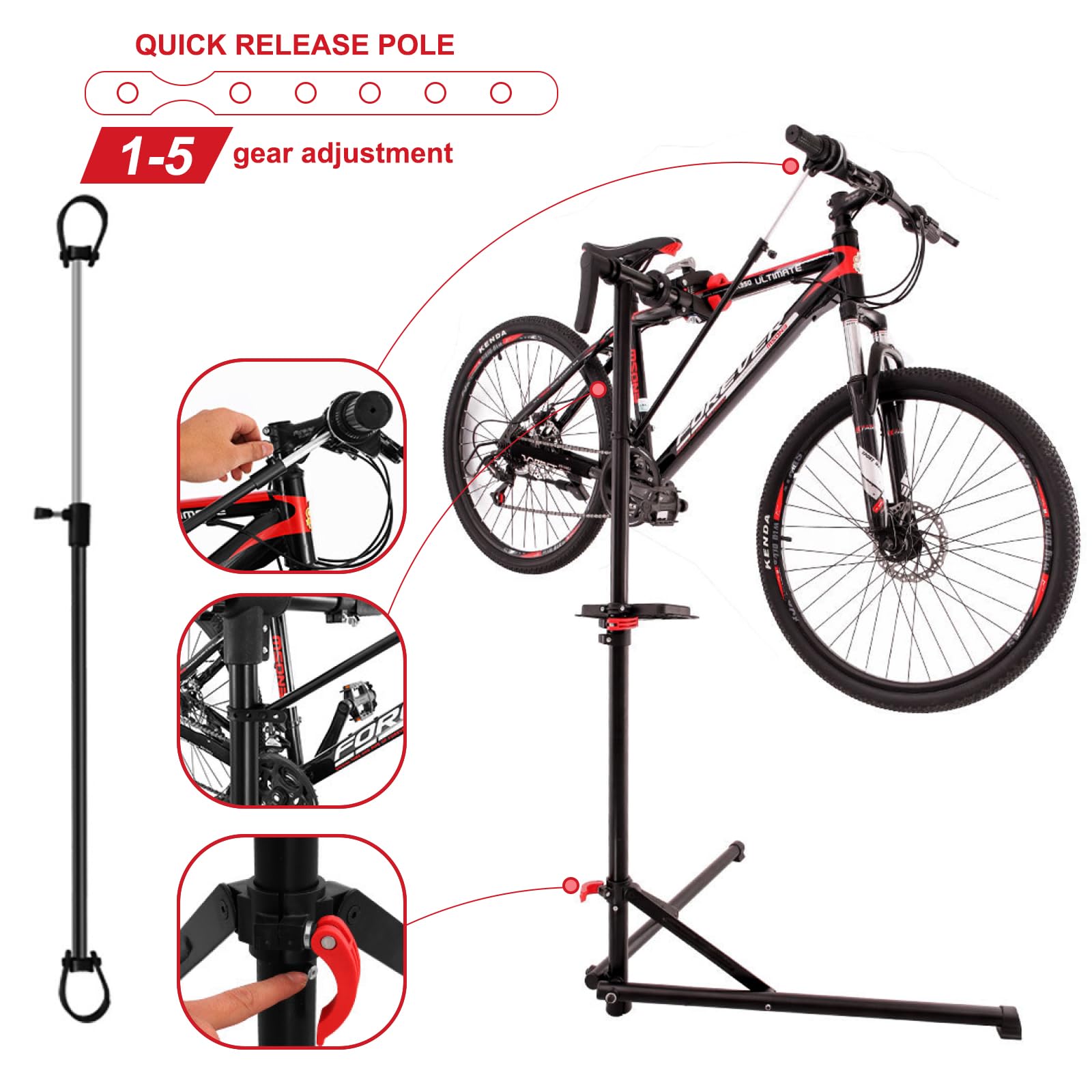 Soporte de reparación de bicicletas resistente con bandeja magnética para herramientas y guantes, estante plegable de mantenimiento de bicicletas de 50 kg con abrazadera giratoria de 360°