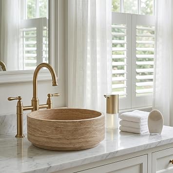 Natural Travertine Stone Round Bathroom Vessel Sink,16 inch Beige Marble Bathroom Sink, Vanity Bowl Basin