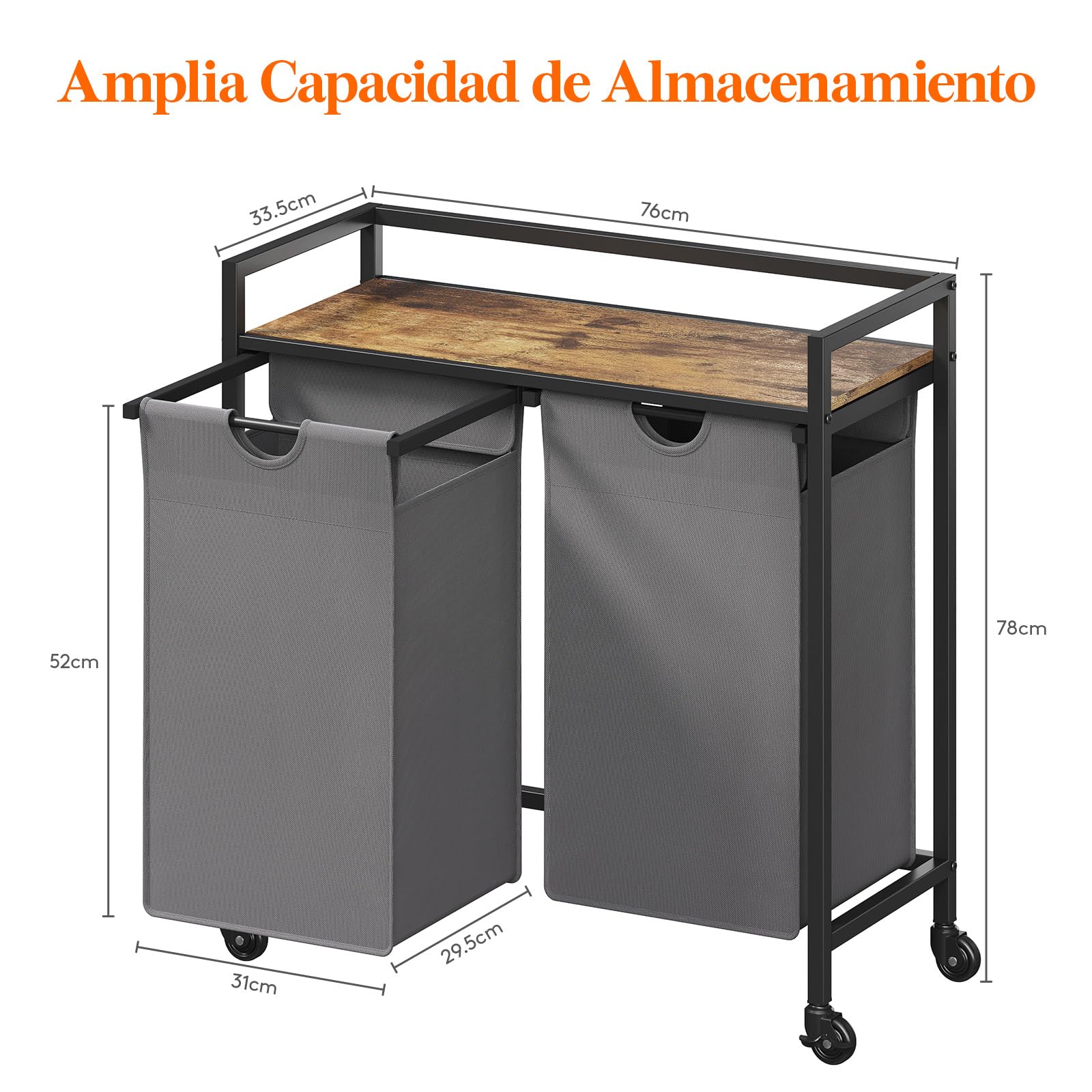 Lifewit Cesto para la Colada con Ruedas, Cestos de Ropa Extraíbles, Balda Superior Grande y Bolsas Extraíbles con Asas, Clasificador de Ropa para Lavadero, Baño, 2 Compartimentos, 95 L, Gris