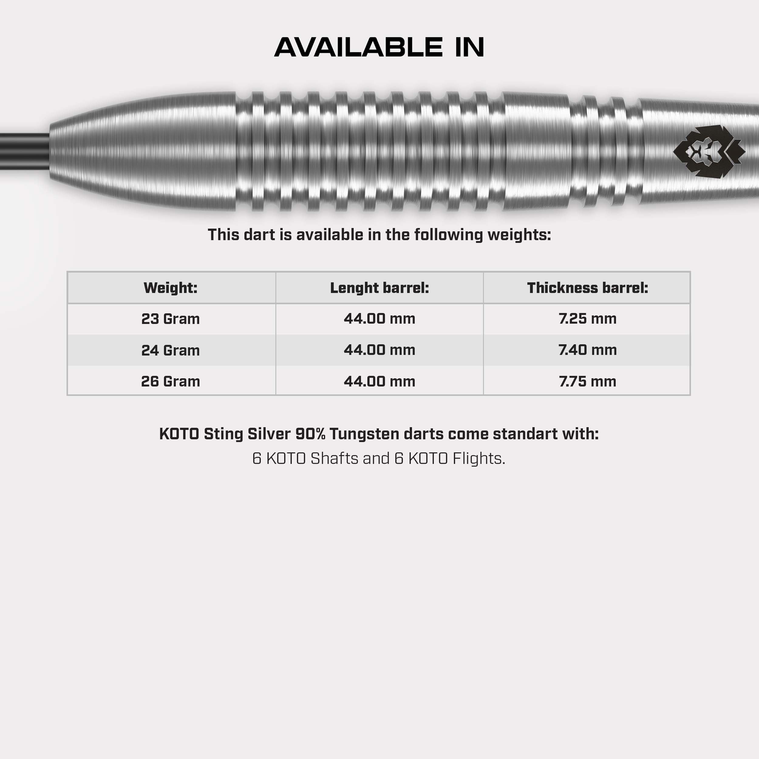 KOTO – Sting Silver Bomb, 90% Tungsten Darts, 23G, Ring-Grip, 44mm, Rzutki