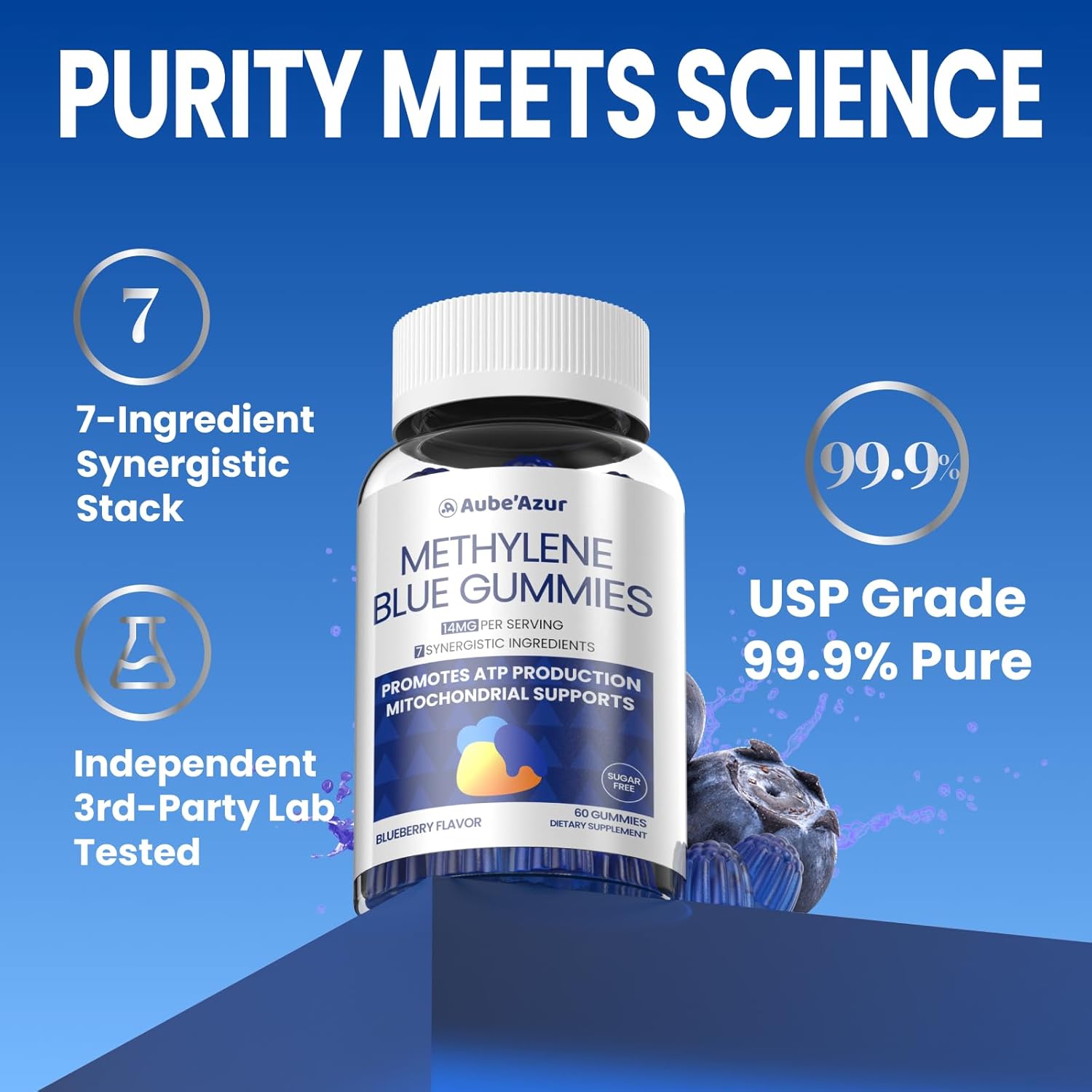 Aube'Azur Methylene Blue Gummies for Humans, 14mg Methylene Blue Supplement with L-Theanine, NAC, Nicotinamide & CoQ10 for Men Women, Fast-Absorbing, Vegan, Sugar-Free, Blueberry Flavor, 60 Count