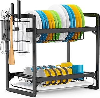 MOKANI 2 Tier Dish Drainer Rack with Drip Tray, Large Capacity Plate Rack Dish Drying Rack with Utensil Holder Draining Board kitchen drainer for Small Kitchen Countertop