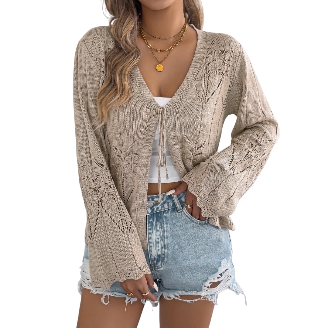 Damen Häkelcardigan Leichte Krawatte Vorne V Ausschnitt Pullover Cardigan Langärmellige Hohle Sommer Überziehjacke für Strandurlaub Im Alltag