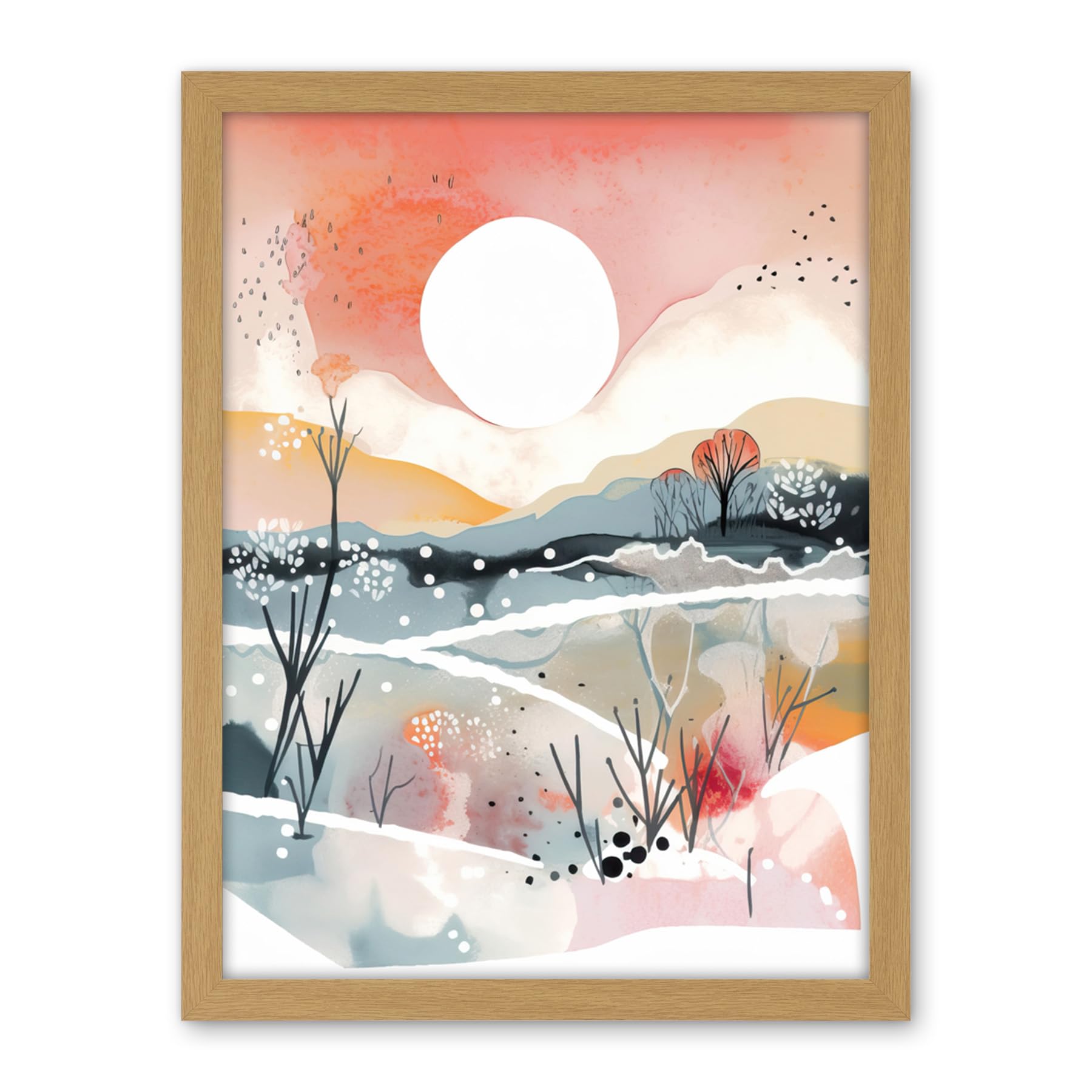 Artery8 Sunset in Winter Landscape Boho Modern Folk Art Artwork Framed Wall Art Print 18X24 Inch