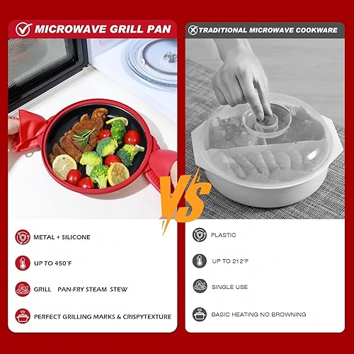 Miniatura 3 de Sartén para microondas con tapa de vidrio, parrilla de microondas y sartén para asar a la parrilla, freír, dorar y crujir, utensilios de cocina