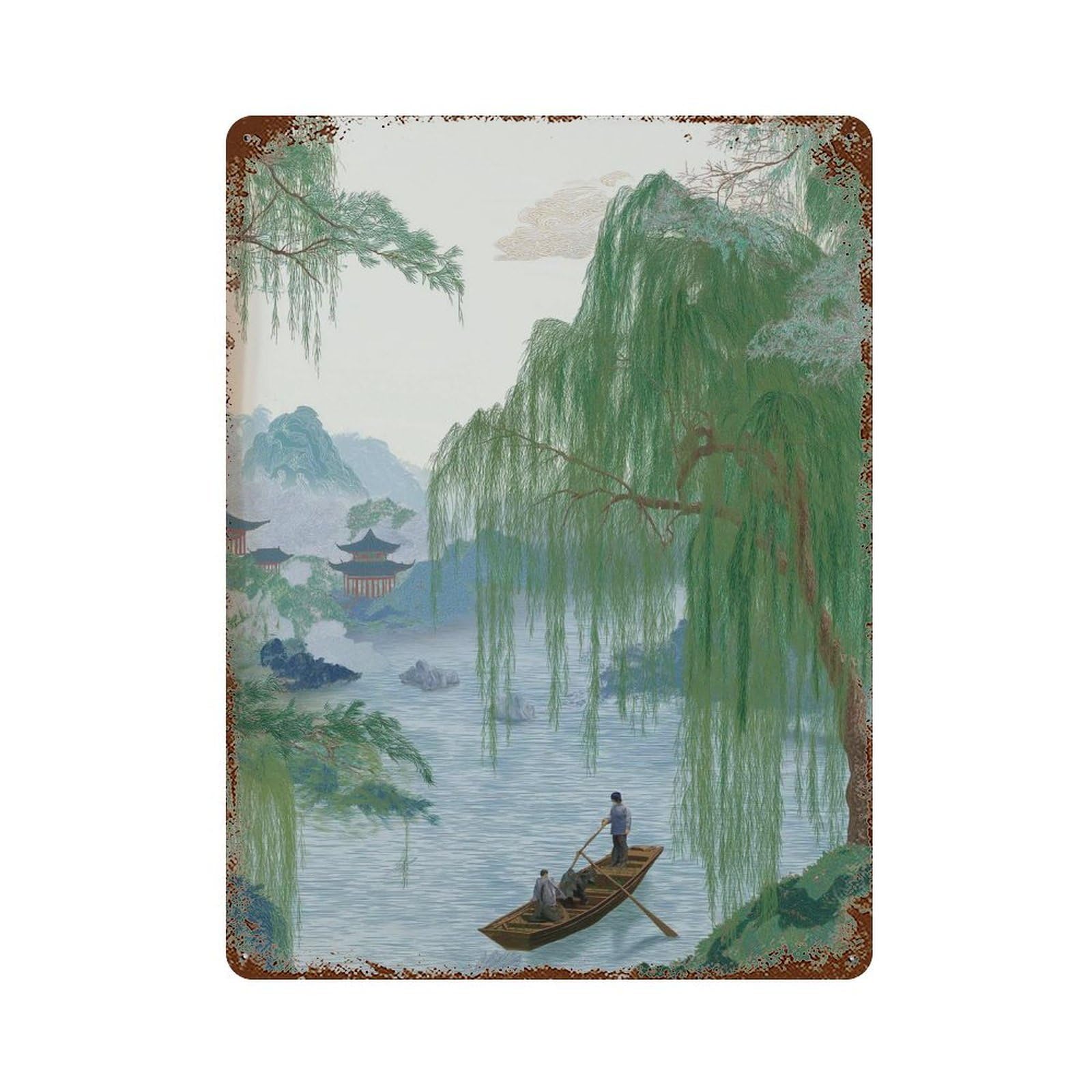 xiaoxiaoshen Chinese Landscape Willow River Boat Oriental Nature Traditional Mountain Scene Z Wall Decor Art Metal Tin Poster Modern Home Decor Art Home Bar Shop Decorations Vintage Sign 40x30cm
