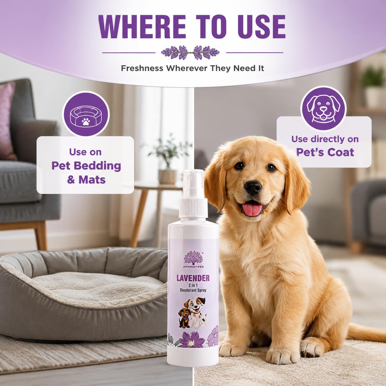 Aromatree 2-in-1 Pet Deodorant Spray for Dogs & Cats | Aromatherapy-Based Pet Freshener & Perfume | Anti-Microbial, Non-Toxic & Safe Puppy Deodorizer | Long-Lasting Lavender Fragrance – 200 ml 3